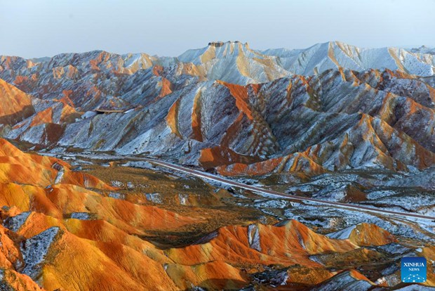 Snow scenery of Danxia landform in NW China