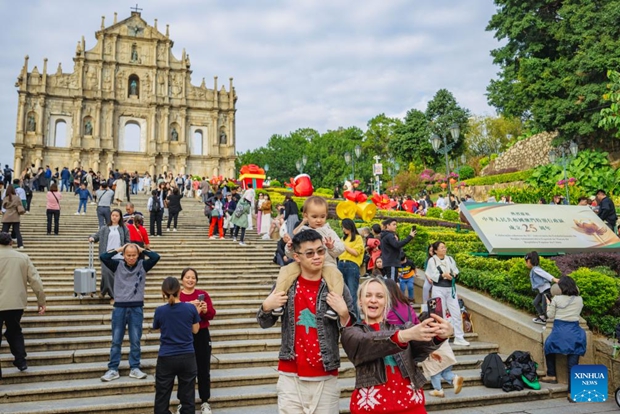 Tourists visit historic center of Macao
